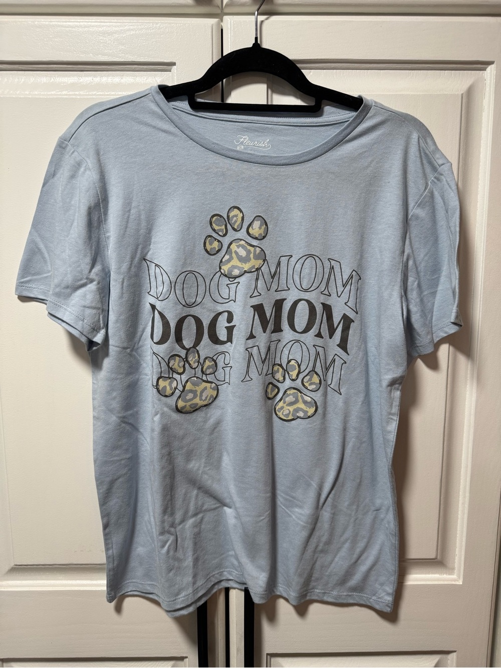 Fleurish Light Blue "Dog Mom" Tee with Leopard Paw Accents